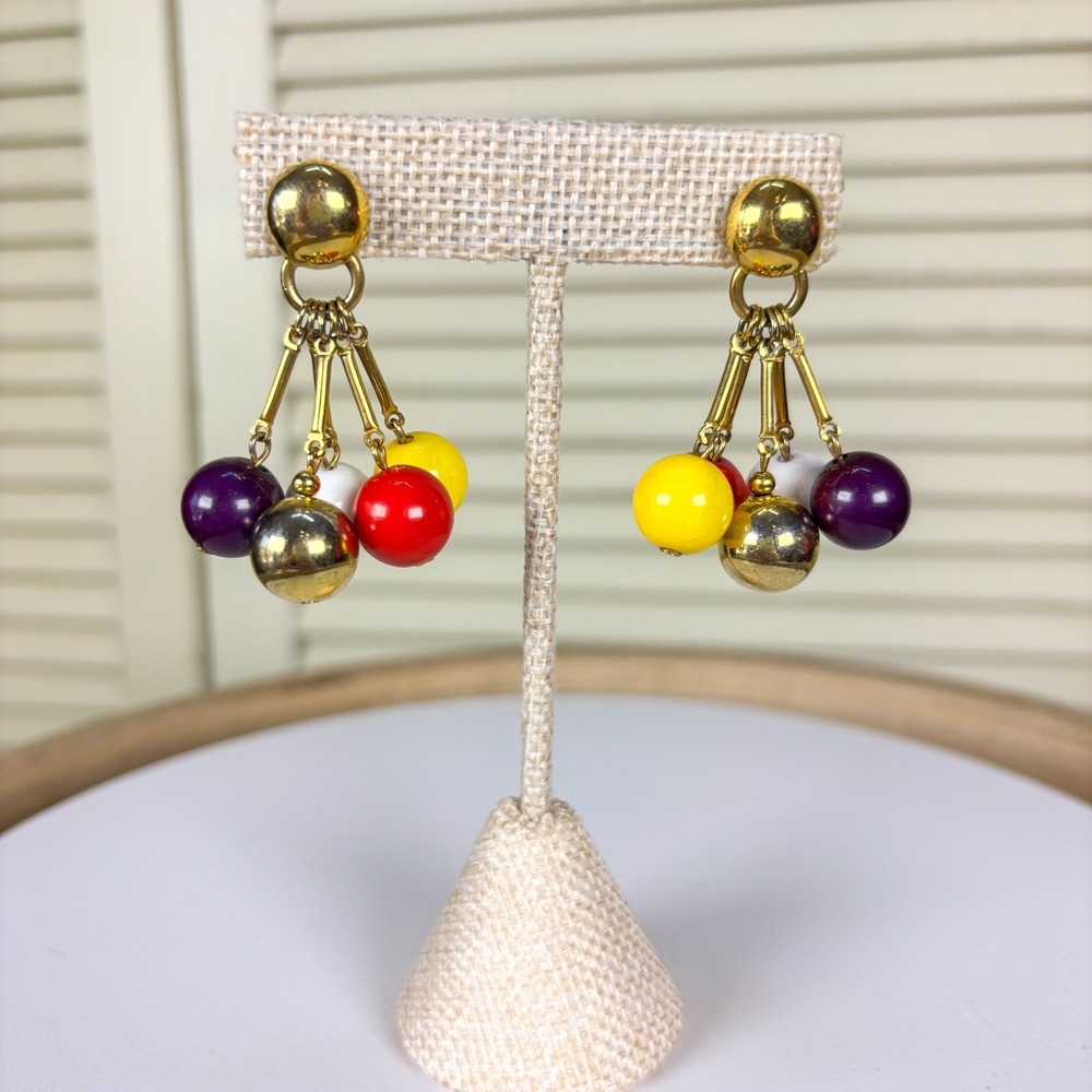 Vintage Liz Claiborne Multi Color Bead Drop Earrings Gold Tone Vintage 80s Post